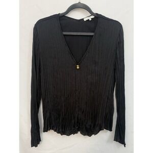 Vince Double V-Neck Black Pleated Top Blouse Long Sleeve Womens Size S